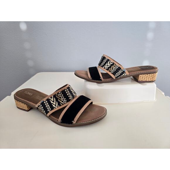 TOMS Woven Block Heel Sandals | Size 7 | Boho Chic Slide Mules Neutral Black - Picture 1 of 6